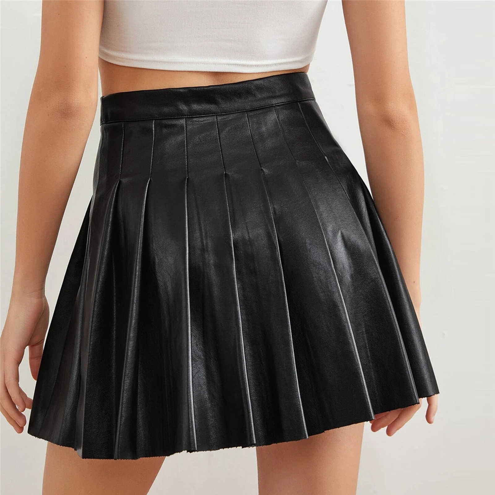 Skirts Women's Solid Color Pleated Sexy Short High Waist Fashion Leather G220605