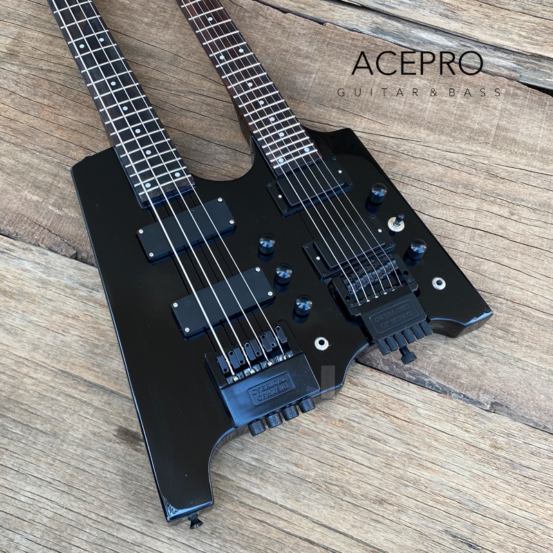 Black Color Double Neck Headless Electric Guitar 4 String Bass + 6 String Guitar Tremolo Bridge Black Hardware 