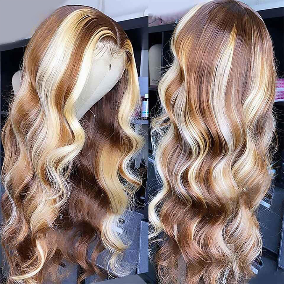 Cheveux péruviens Blonde Highlight Lace Front Wig Body Wave 13X4 Lace Frontal Wigs Honey Blonde Couleur Synthétique Cosplay Perruques pour les femmes noires