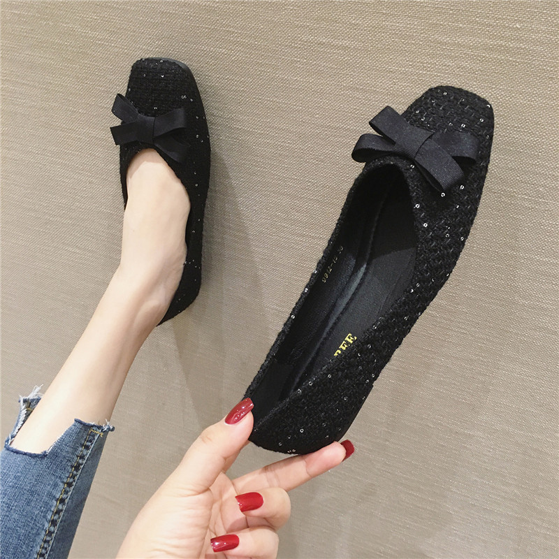 2021 Nude Shoes Black Flat Heel Shoes for Women Red Flats with Bowknot Square Head Butterfly Knot Solid Color 31 32 33 44 45