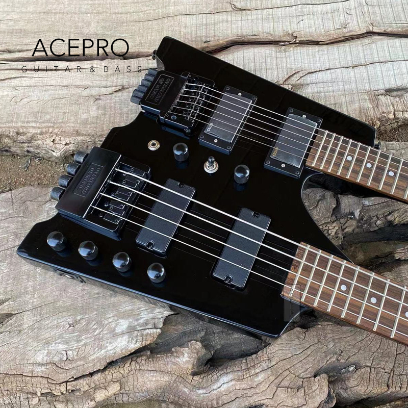 In Stock Double Neck Headless Electric Guitar Black Hardware Tremolo Bridge 6 string Guitar + 4 string Bass Combo 