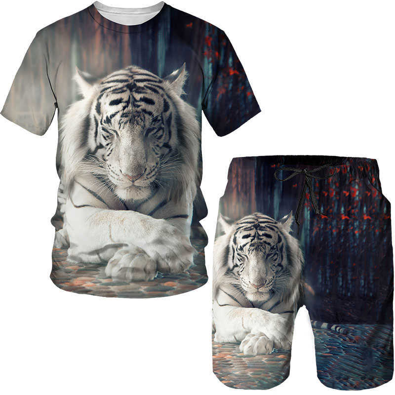 Trainingsanzüge Sommer 2022 3D-Druck Plus Size T-Shirt Tiger Lion Vintage Style Kurzarm Set Neuheit Mode Harajuku Herrenbekleidung P230605