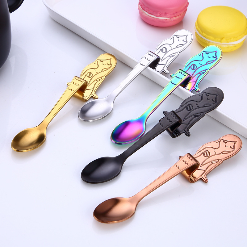 304 Stainless Steel Mermaid Coffee Spoons Scoop Hanging Coffee Spoon Teaspoon Sugar Moka Ice Cream Tea Spoon Tools