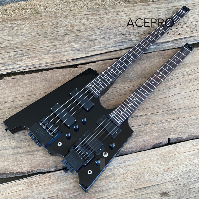 Black Color Double Neck Headless Electric Guitar 4 String Bass + 6 String Guitar Tremolo Bridge Black Hardware 