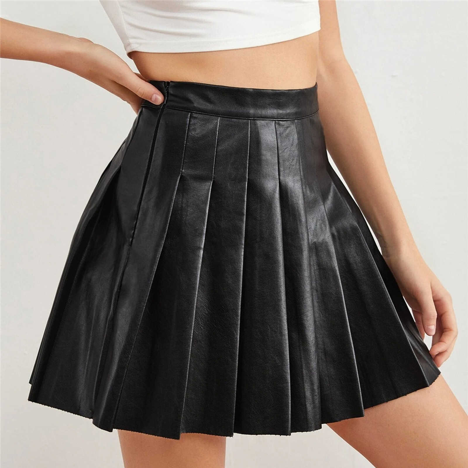 Skirts Women's Solid Color Pleated Sexy Short High Waist Fashion Leather G220605