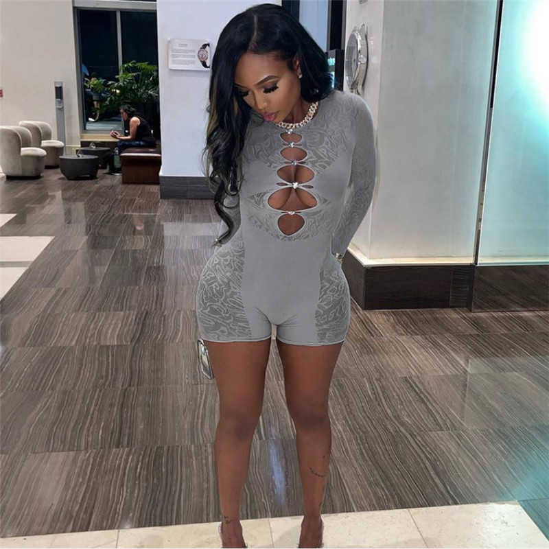 2023 Summer Rompers Women Jumpsuit Sexy Perspective Lace Bodysuit Lange mouw Hollow Out High Taille Bodycon Yoga Shorts Jumpsuits For Women