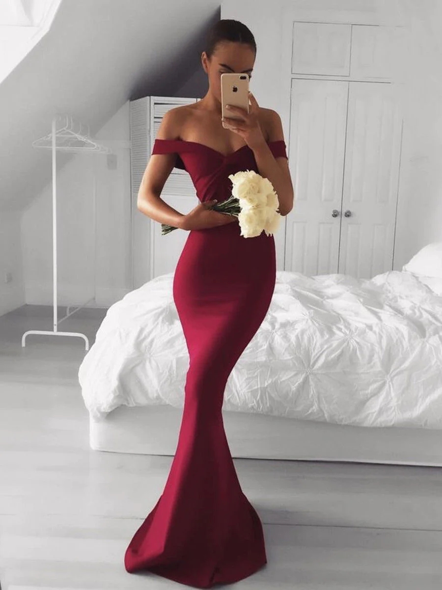 Burgundy Off Shoulder Long Mermaid Bridesmaid Dresses Women Formal Occasion Evening Party Gowns Maid Of Honor Plus Size Aso Ebi Trumpet Wedding Guest Dress CL2382