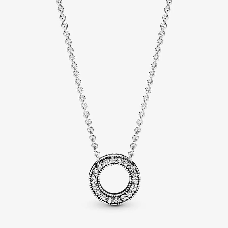 925 Sterling Silber Logo Pave Circle Collier-Halskette für Pandora-Hochzeitsketten, Designer-Schmuck für Frauen, Kristall-Diamant-Herz-Halskette mit Originalverpackung