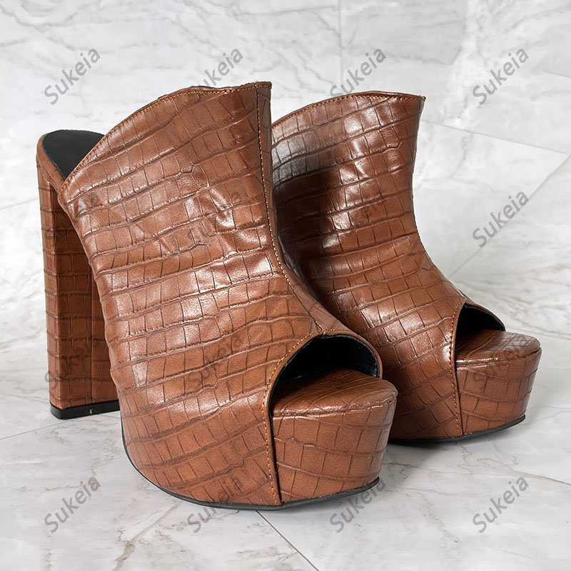 Sukeia ręcznie robione kobiety muły Sandały Kamienne wzór masywne obcasy Peep Top Wspaniałe brązowe buty imprezowe panie US plus size 5-20