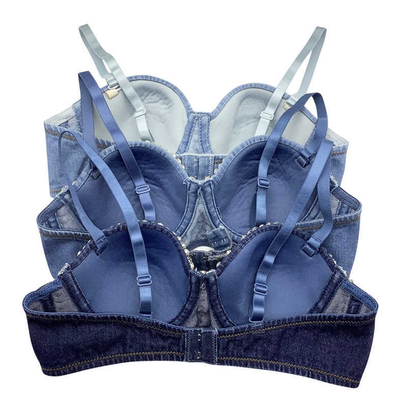 Tanks Camis 2023 denim Tube Diamond Beads Strapless Lace Rits Bustier Bra Night Club Party Vest Top vrouwen Nieuw P230605