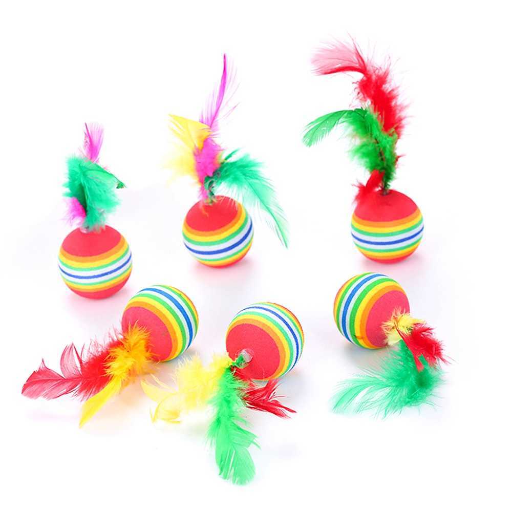 New Funny Balls Cat Toy Feather Striped Rainbow Balls Toys For Cats Kitten Interactive Pet Training Toy Cat Game Supplies SJ0009