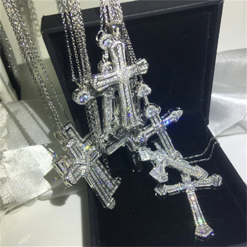 Vecalon handgemachte Hiphop Big Cross Anhänger 925 Sterling Silber Cz Stein Vintage Anhänger Halskette für Frauen Männer Hochzeit Schmuck