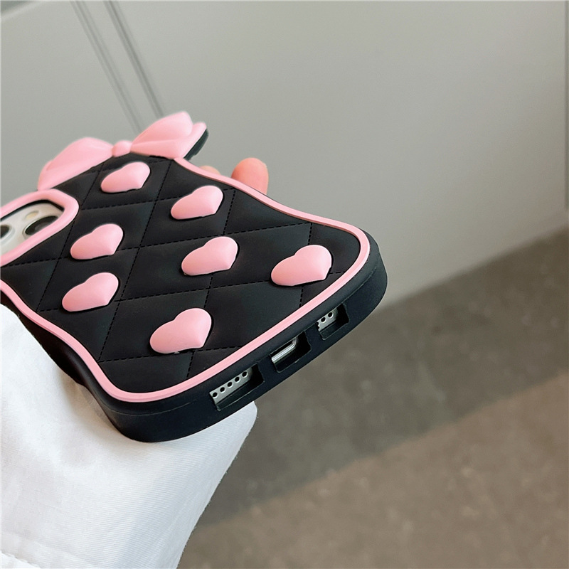 3D Black Love Heart Bowknot Phone Case для iPhone 14pro Max 13plus 12 11 XR/XS INS Стиль Мульт