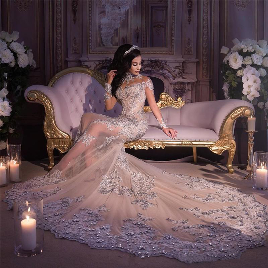 2023 magnifiques robes de mariée sirène dentelle appliques pure col haut robes de mariée avec manches longues appliques robe de mariée en cristal