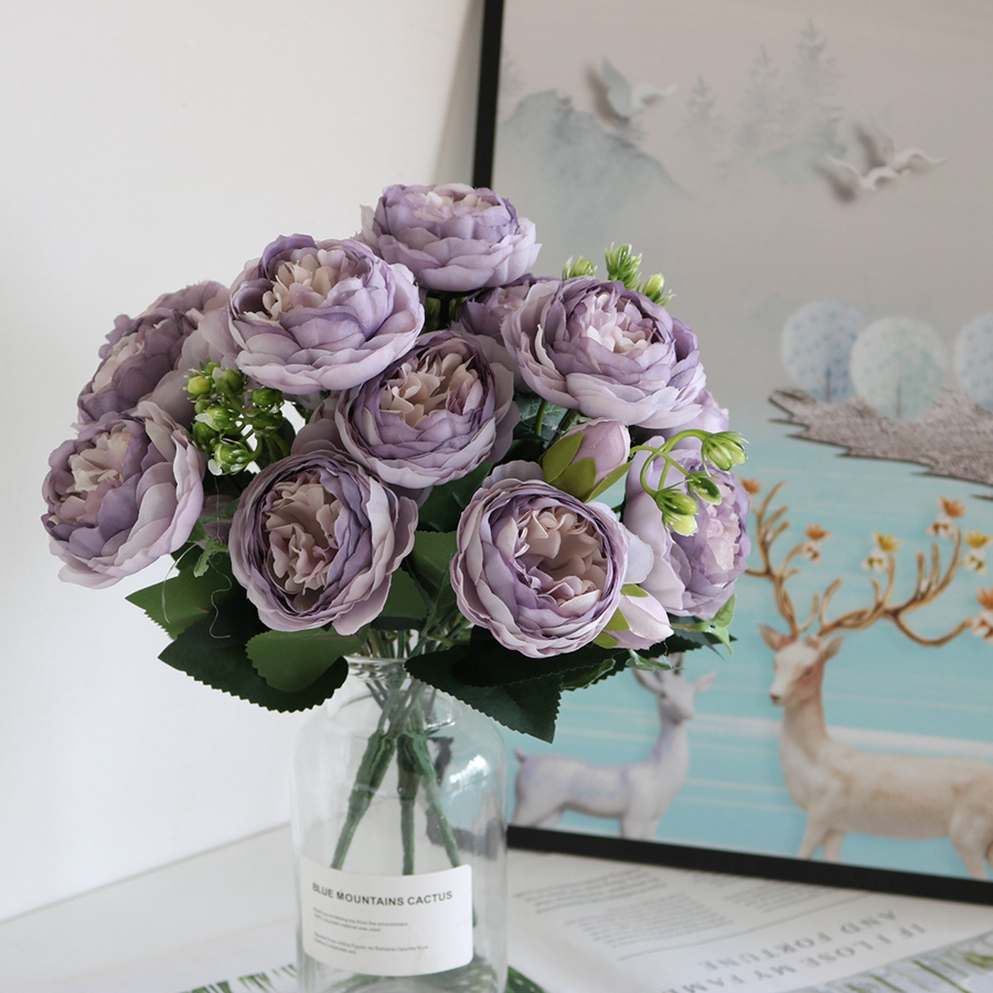 Fiori artificiali Bouquet di peonia Vaso di rose di seta decorazioni la casa Giardino Matrimonio Piante finte decorative Materiale ghirlanda di Natale