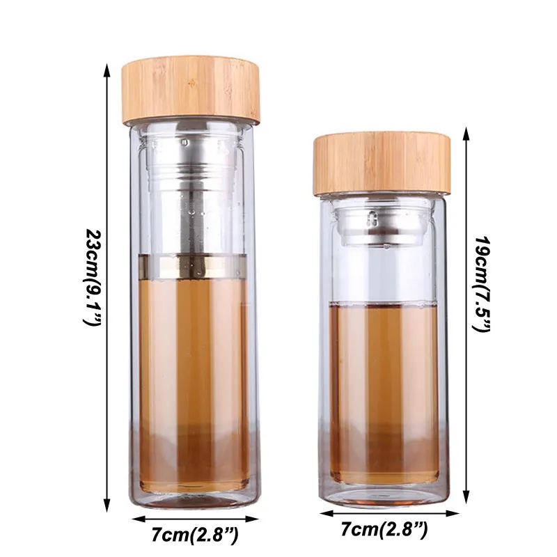 Portable Bamboo Lid Water Cups Double Walled Glass Tea Tumbler Strainer Infuser Basket Glass Transparent Water Bottles