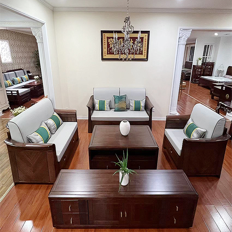 New Chinese style all solid wood sofa combination Zen living room high-end villa carved Ugjin wood storage furniture