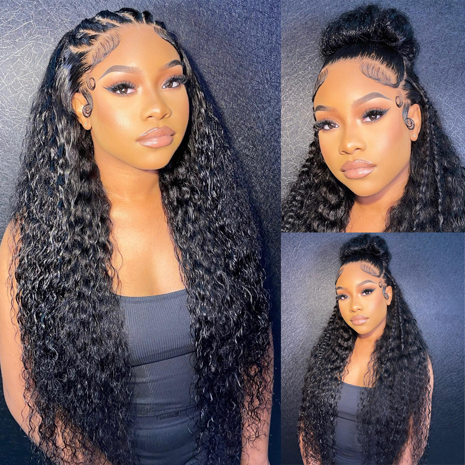 Pelucas HD Deep Wave 13x4 Lace Frontal Wig 250% Brazilian Curly 360 Full Lace Front Wigs for Women Heat Resistant Hair Black Synthetic Wig