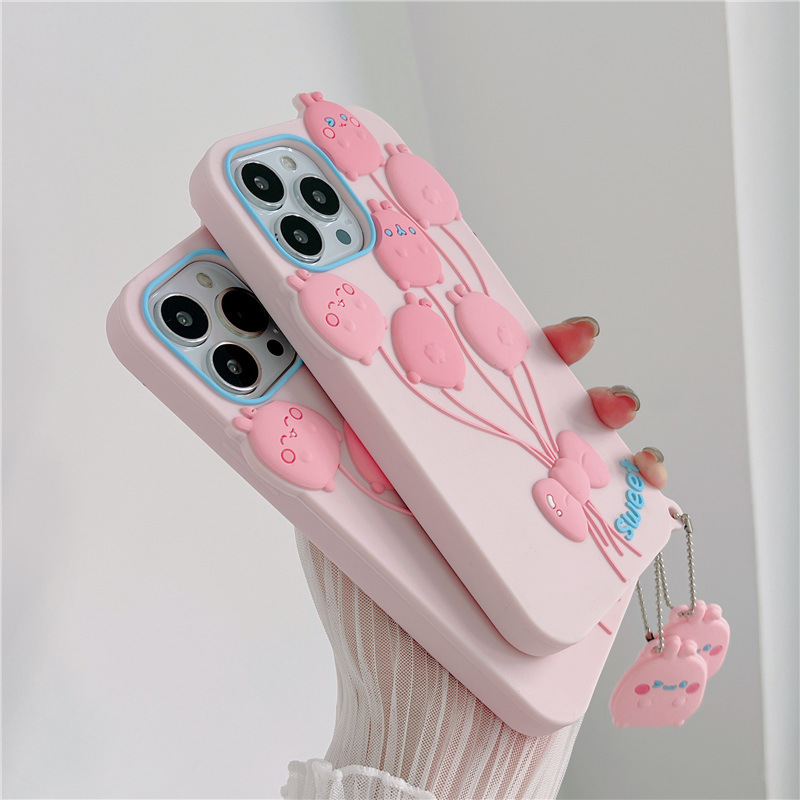 HOLESAEL Free DHL 3D Cartoon Pink Balloon Case för iPhone 14 13 12 11 Pro XS Max XR X 6S 7 8 Plus mjuk silikontelefonöverdrag med Lanyard Rabbit Girl Gift