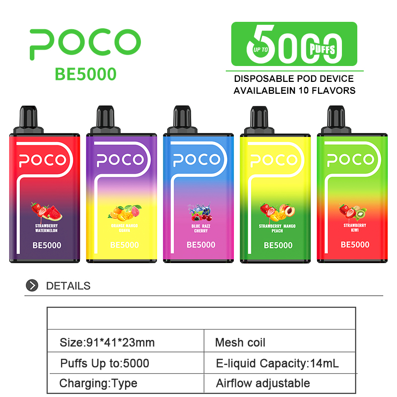 POCO BE 5000 퍼프 전자 담배 일회용 vape 충전식 메쉬 코일 15ml vape 포드 디스플레이 미국 현지 창고