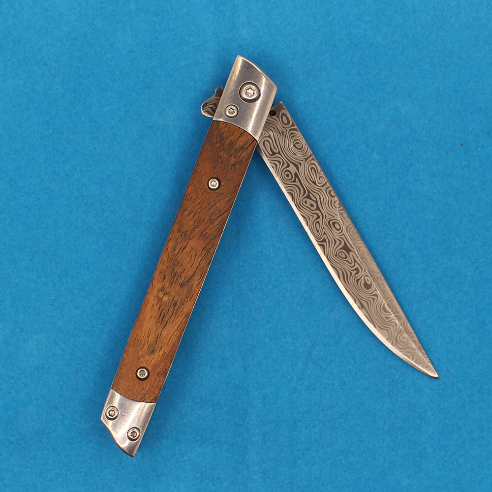 Hochwertiges A2367 Flipper-Klappmesser mit 3Cr13Mov-Lasermuster, Drop-Point-Klinge, Holz-/Stahlblechgriff, Kugellager, schnell zu öffnendes EDC-Taschenmesser mit Lederscheide