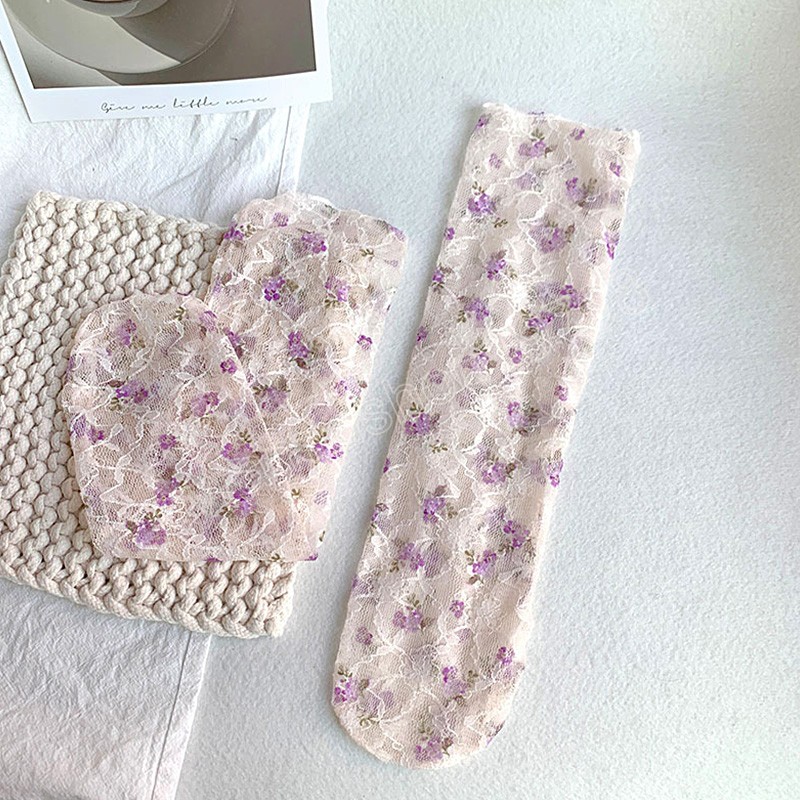 Meias de seda com bordado floral de verão Meias de renda transparente ultrafinas Meias femininas com babados respiráveis Meias compridas soltas