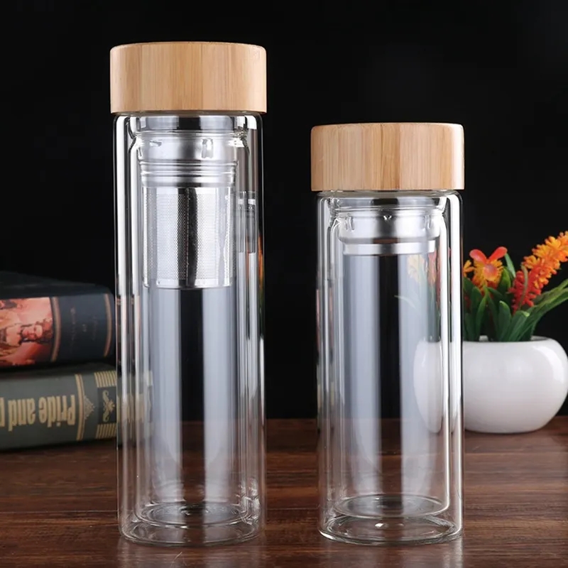 Portable Bamboo Lid Water Cups Double Walled Glass Tea Tumbler Strainer Infuser Basket Glass Transparent Water Bottles