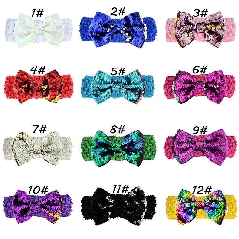 Solid Color Crochet Weave Elastic Hairband Baby Girls Glitter Sequins Bowknot Headband Boutique Bows Children Headwear