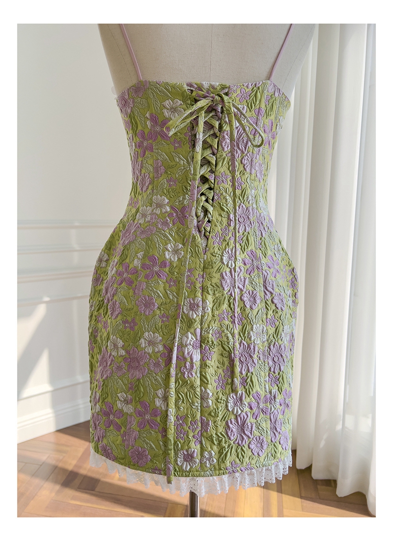 2023 été vert imprimé fleuri perlé Jacquard robe Spaghetti sangle chérie cou dentelle lambrissé courtes robes décontractées J3L047948