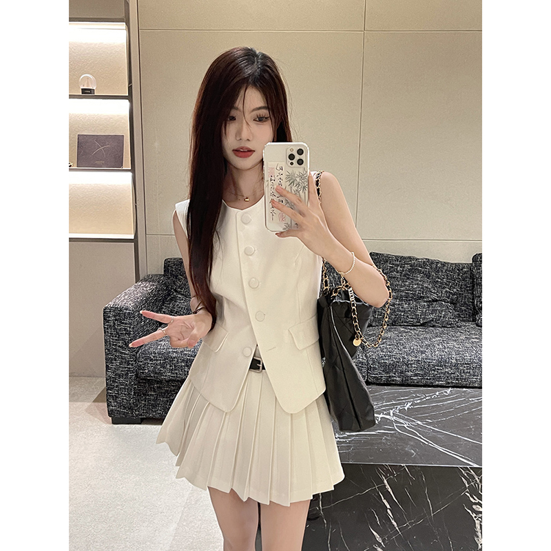 Women's high quality sleeveless blazer vest and high waist pleated short skirt twinset dress suit SML