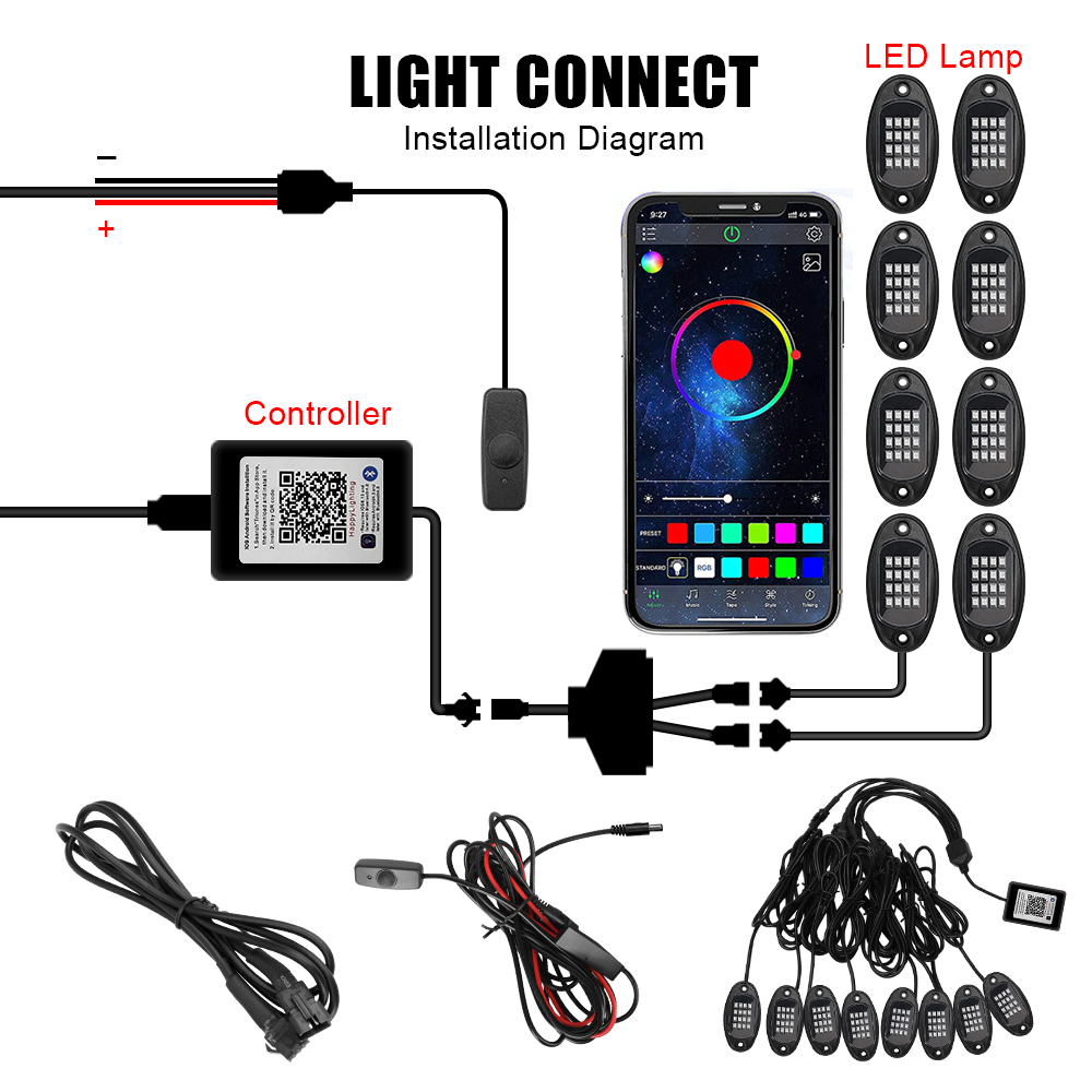 سيارة LED Rock Lights Music Sync Bluetooth Control 8 في 1 RGB هيكل خفيفة خفيفة لسيارة سيارات الدفع الرباعي على الطرق الوعرة على الطرق الوعرة