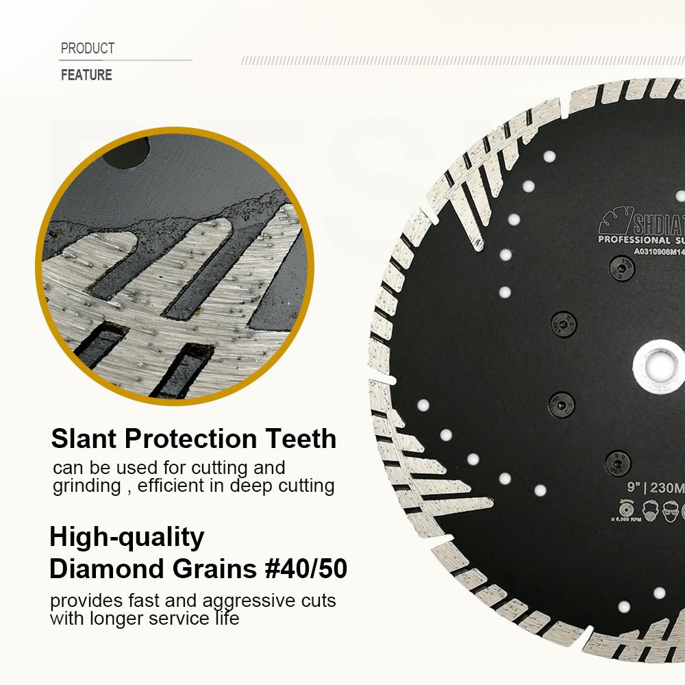 Zaagbladen SHDIATOOL 9"/230mm 22.23mm Flange Diamond Hot Pressed Saw Blade Turbo Blade Slant Protection Teeth Multi Purpose Cutting Disc