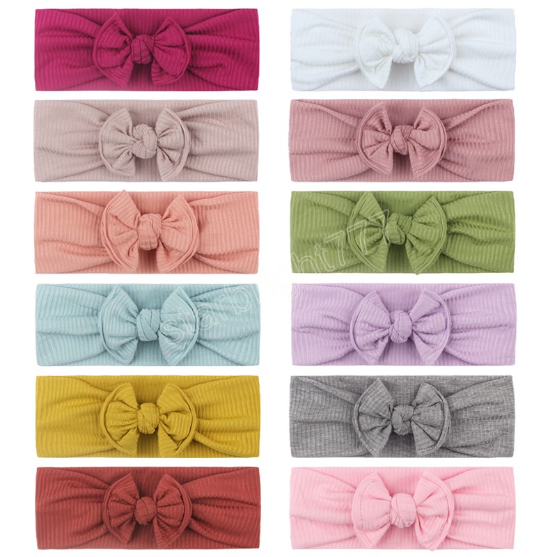 Baby flickor bred nylon hårband 12 färger bowknot elastisk pannband fast färg bågar huvudbonader nyfödda spädbarnstillbehör