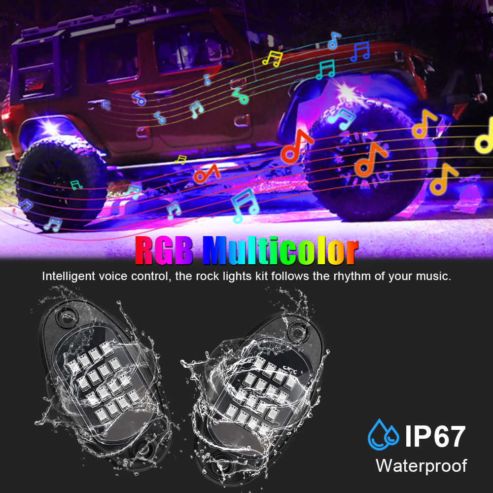 Bil LED Rock Lights Music Sync Bluetooth App Control 8 I 1 RGB Chassis Light Undergolw för Jeep Off-Road Truck Boat