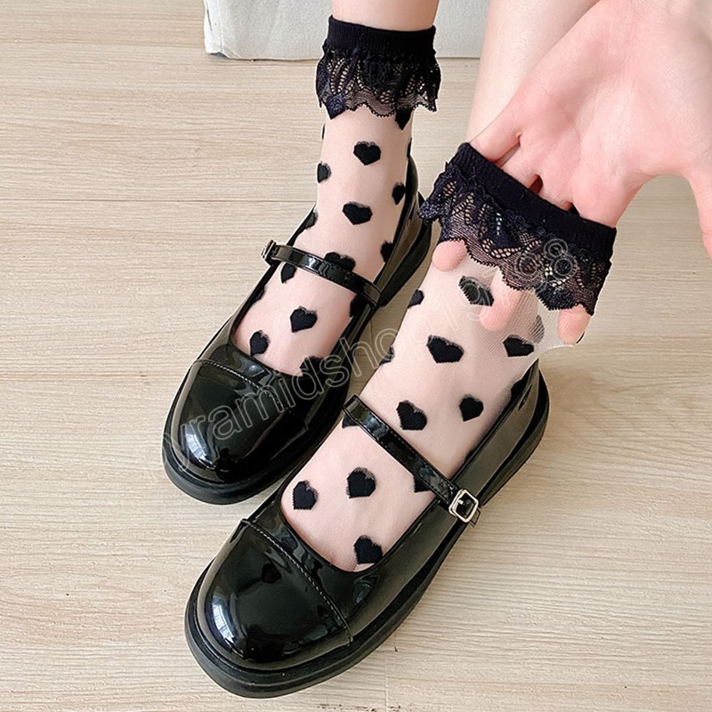 Spitze Rüschen Socken Ultradünne Transparente Sommer Frauen Kristall Seide Socken Polka Dot Herz Elastische Prinzessin Socken