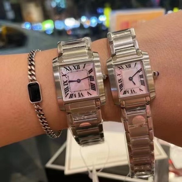 hoge kwaliteit mannen vrouw quartz horloge vrouwelijke vierkante horlogekast roze wijzerplaat stalen band horloges 5302381