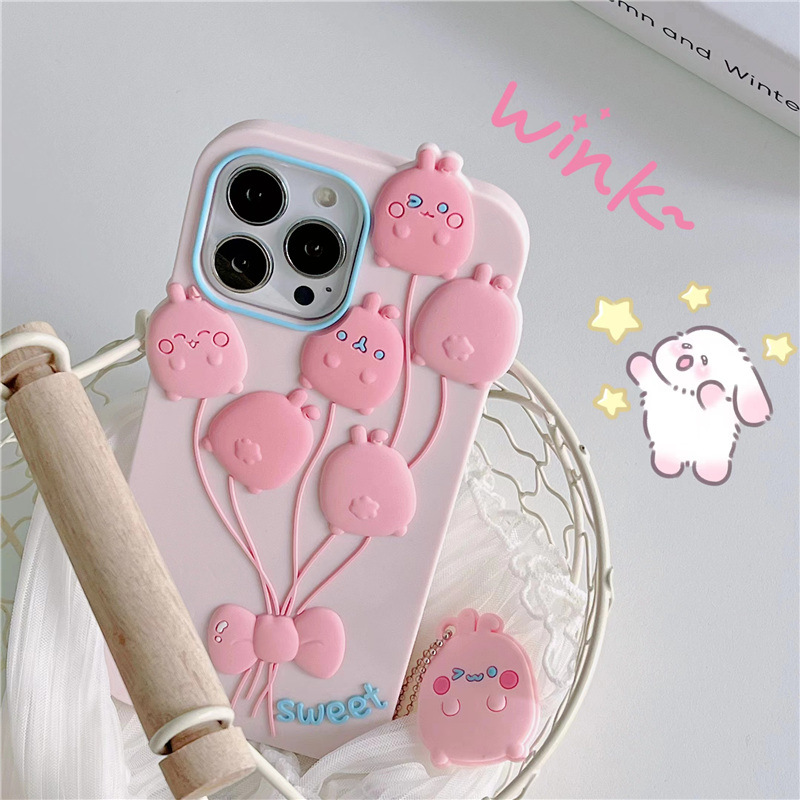 Wholesael gratis DHL 3D Cartoon Pink Ballon Case voor iPhone 14 13 12 11 Pro XS Max XR X 6S 7 8 Plus zachte siliconen telefoonhoes met Lanyard Rabbit Girl Cadeau