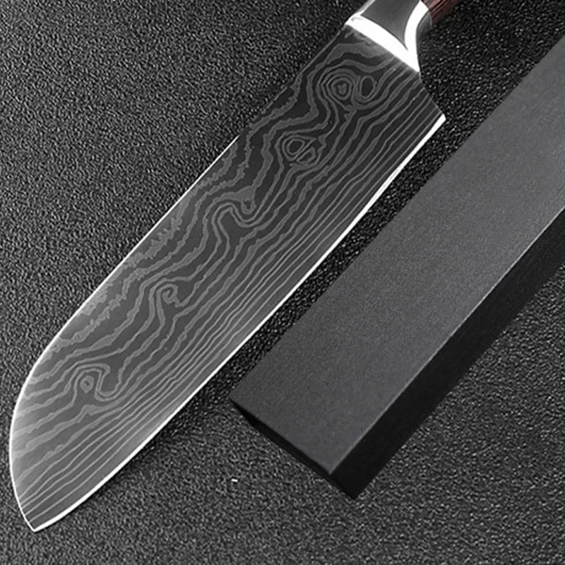 7 Inch Koksmes Imitatie Damascus Staal Sharp Cleaver Sushi Messen Houten Handvat Vloeiende Zand Golf Patroon Keuken Vlees Messen