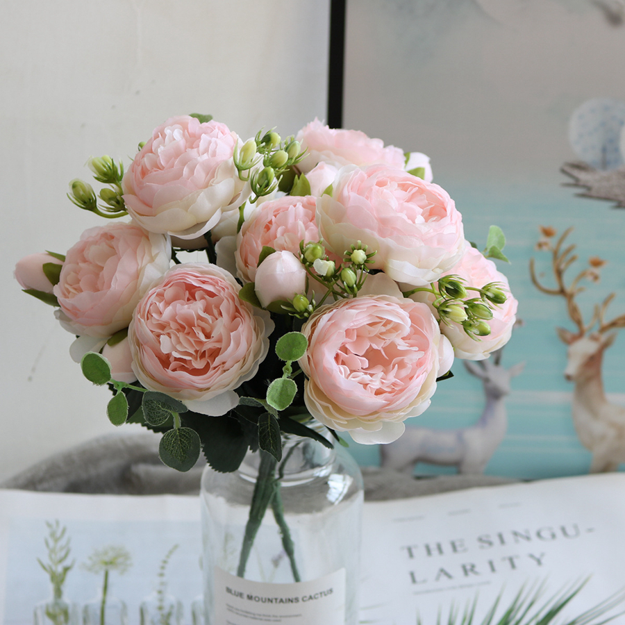 Fiori artificiali Bouquet di peonia Vaso di rose di seta decorazioni la casa Giardino Matrimonio Piante finte decorative Materiale ghirlanda di Natale