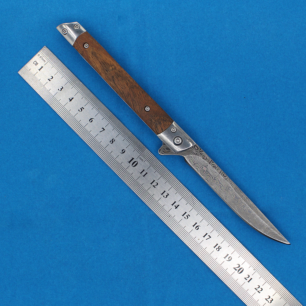 Toppkvalitet A2367 Flipper Folding Knife 3Cr13Mov Laser Mönster Drop Point Blade Trä/stålplåt Handtag Bollbärande snabbt öppna EDC -fickknivar med läderhölje