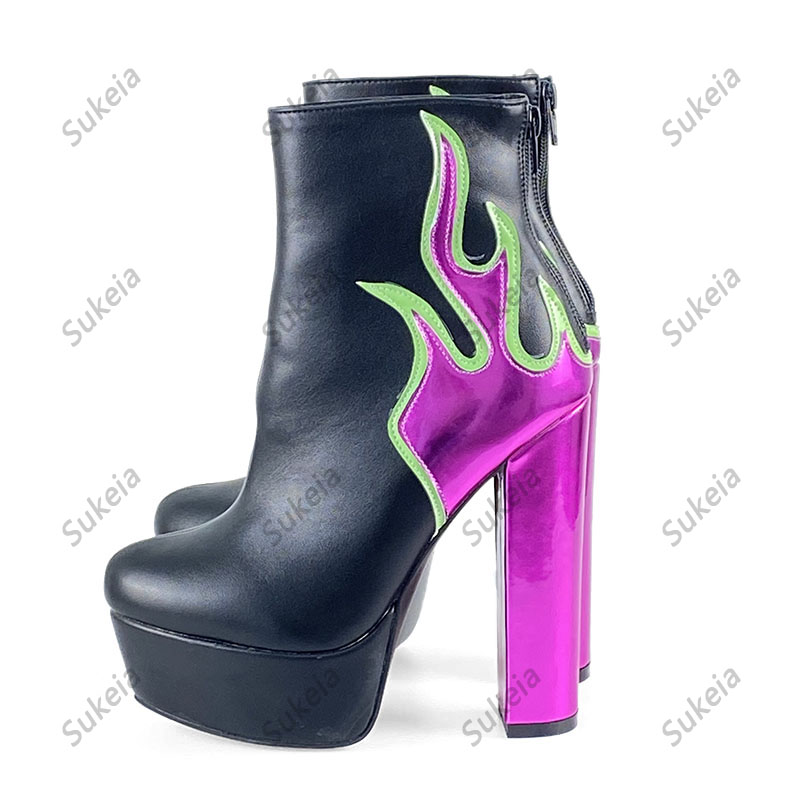 Sukeia, botines de invierno hechos a mano para mujer, cremallera trasera con llama, punta redonda, tacones gruesos, zapatos de fiesta verdes, zapatos de mujer de talla grande de EE. UU. 5-20