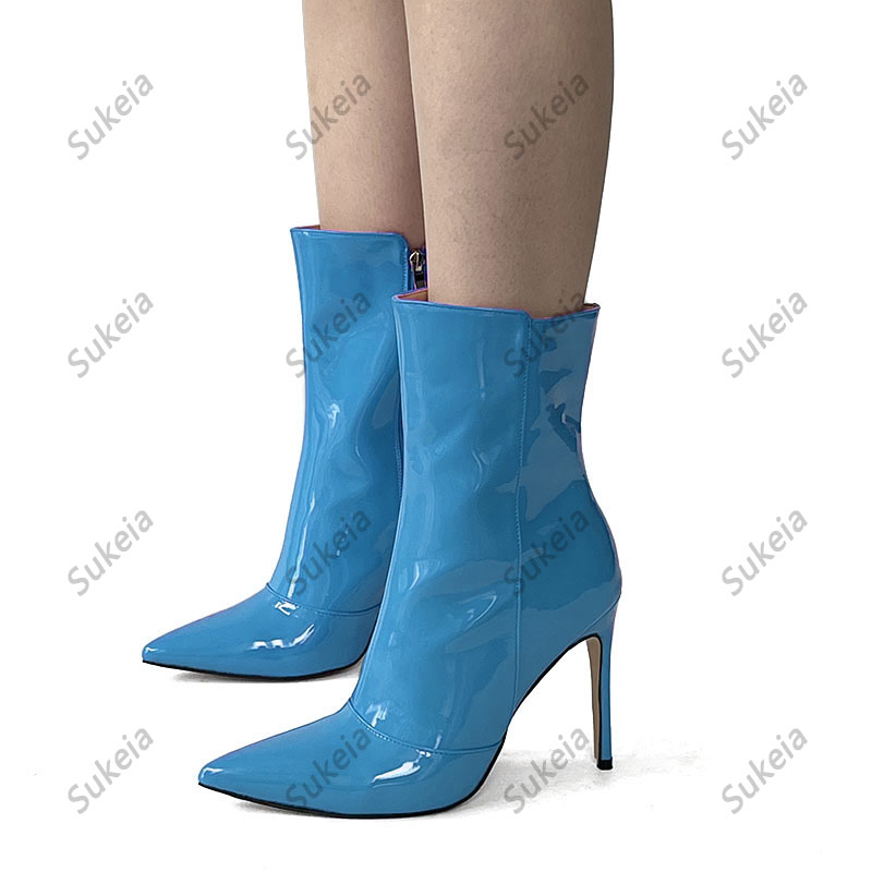 Sukeia Handgemaakte Vrouwen Winter Enkellaarsjes Puntschoen Sexy Stiletto Hakken Fuchsia Rood Blauw Banket Schoenen Dames AMERIKAANSE Maat 5-15