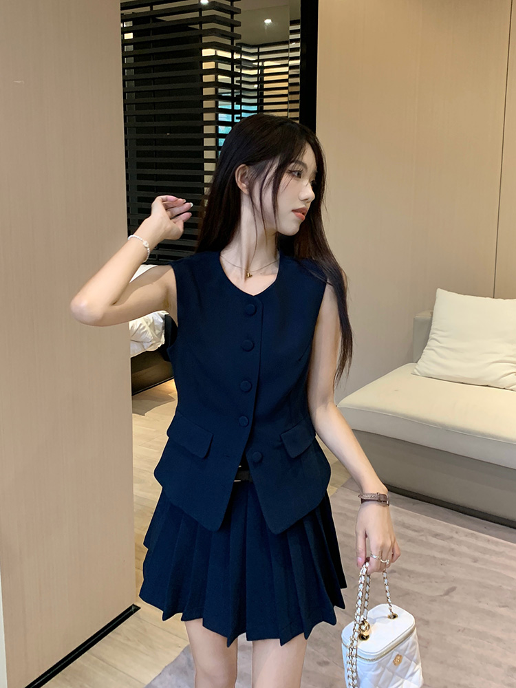 Women's high quality sleeveless blazer vest and high waist pleated short skirt twinset dress suit SML