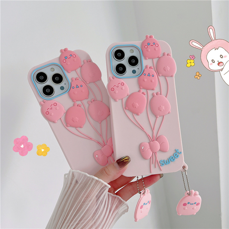 Wholesael gratis DHL 3D Cartoon Pink Ballon Case voor iPhone 14 13 12 11 Pro XS Max XR X 6S 7 8 Plus zachte siliconen telefoonhoes met Lanyard Rabbit Girl Cadeau