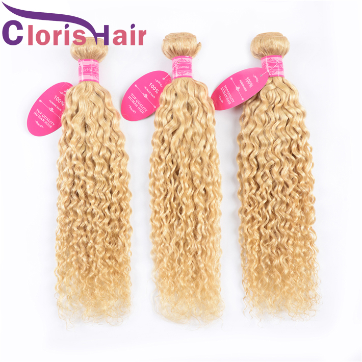 Blond Water Wave Human Hair Weeven 3 bundels met kantafsluiting