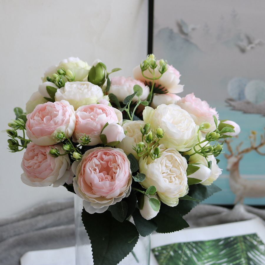 Fiori artificiali Bouquet di peonia Vaso di rose di seta decorazioni la casa Giardino Matrimonio Piante finte decorative Materiale ghirlanda di Natale