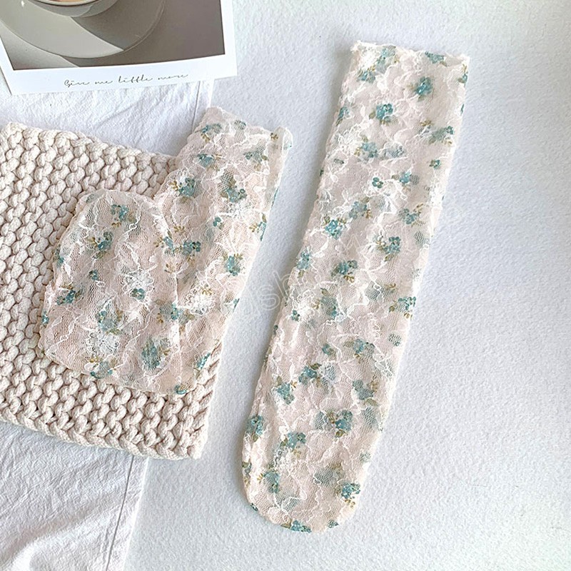 Meias de seda com bordado floral de verão Meias de renda transparente ultrafinas Meias femininas com babados respiráveis Meias compridas soltas