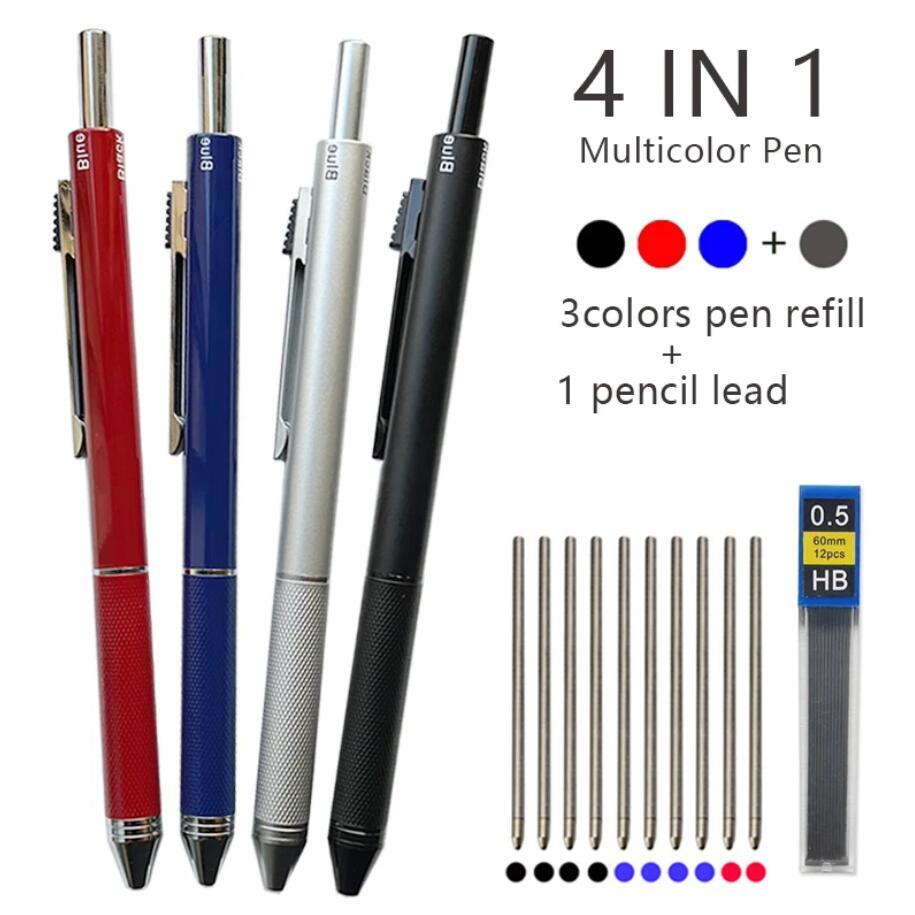 Capteur de gravité 4 en 1 stylo à bille multicolore stylo multifonction en métal 3 couleurs recharge à bille et mine de crayon