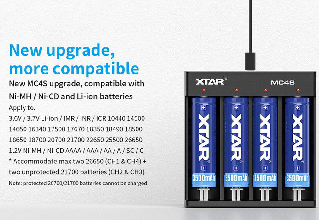 Autentico XTAR MC4S Caricabatteria intelligente universale intelligente Batterie al litio 4 slot USB Tipo C Ricarica rapida Li-ion Ni-MH Ni-Cd 18650 21700 26650 VS VC4SL