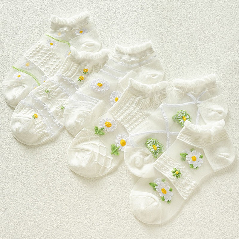 Femmes filles été fleur chaussettes broderie marguerite respirant dentelle verre soie chaussette courte antidérapant Invisible Ultra mince cheville chaussettes